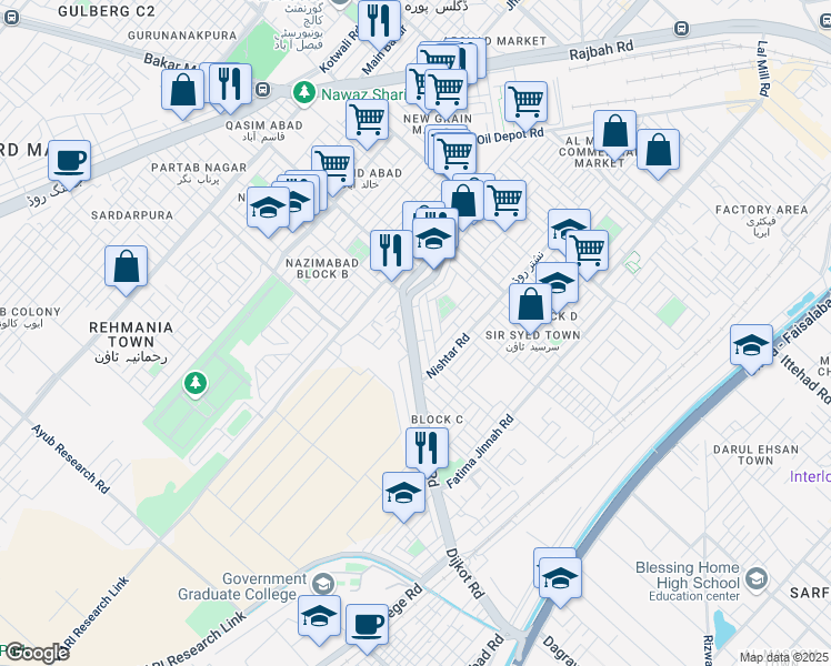 map of restaurants, bars, coffee shops, grocery stores, and more near Dijkot Road in Faisalabad