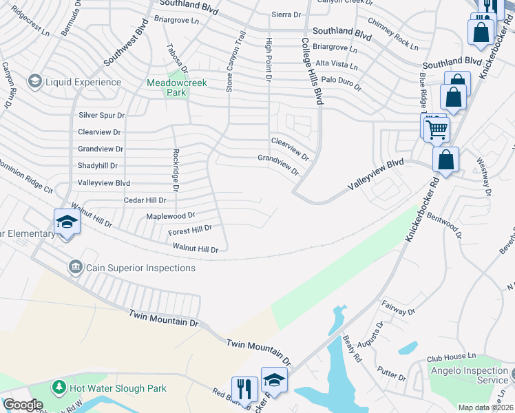 map of restaurants, bars, coffee shops, grocery stores, and more near 3202 Forest Hill Drive in San Angelo