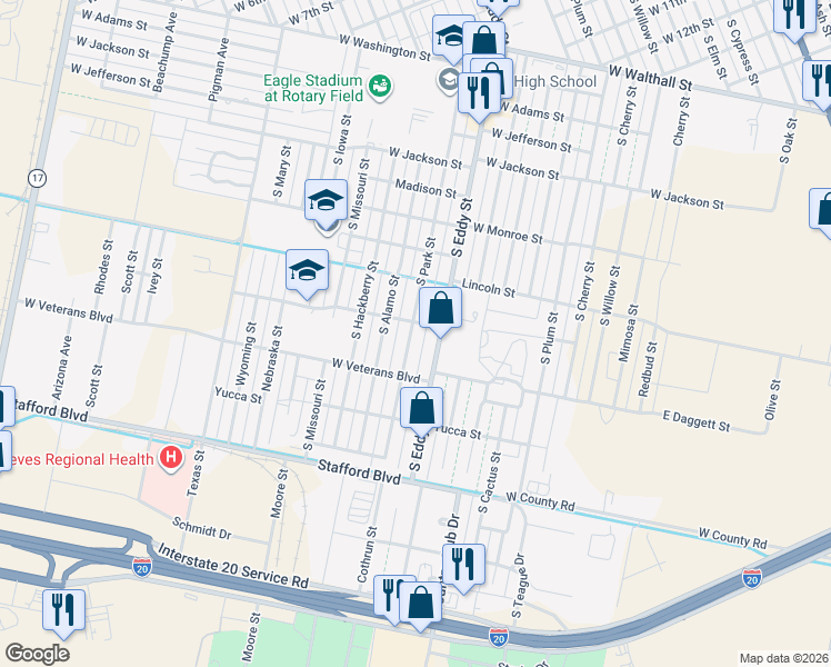 map of restaurants, bars, coffee shops, grocery stores, and more near 2000-2032 South Park Street in Pecos