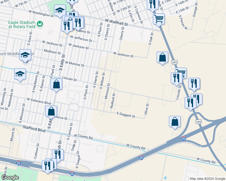 map of restaurants, bars, coffee shops, grocery stores, and more near 200 Lincoln Street in Pecos