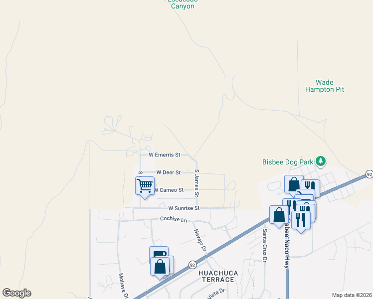 map of restaurants, bars, coffee shops, grocery stores, and more near 929 South Bills Place in Bisbee