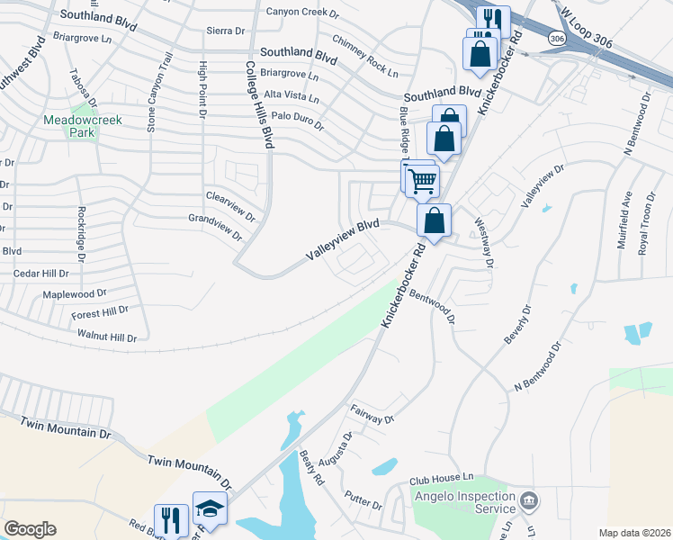map of restaurants, bars, coffee shops, grocery stores, and more near 1 Southridge Drive in San Angelo