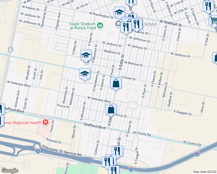 map of restaurants, bars, coffee shops, grocery stores, and more near 2000 South Park Street in Pecos
