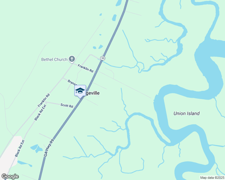 map of restaurants, bars, coffee shops, grocery stores, and more near 1153 Marsh Oaks Road Southeast in Darien