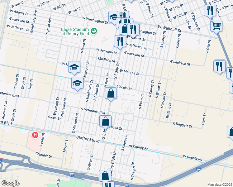 map of restaurants, bars, coffee shops, grocery stores, and more near 1900 South Eddy Street in Pecos