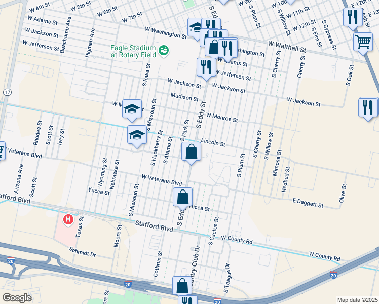 map of restaurants, bars, coffee shops, grocery stores, and more near 1900-1998 South Eddy Street in Pecos