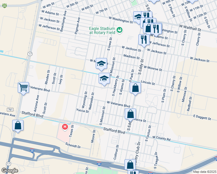 map of restaurants, bars, coffee shops, grocery stores, and more near West Normandy Street in Pecos