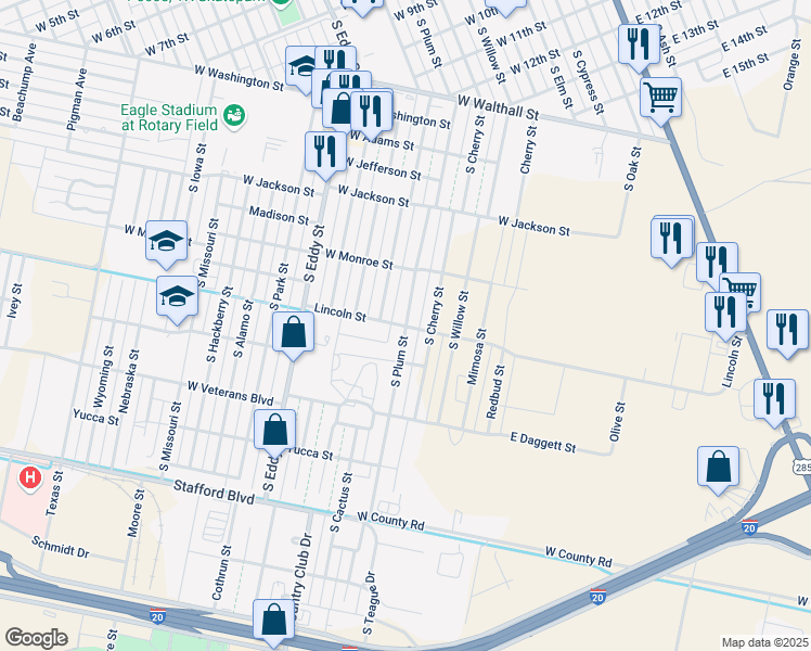 map of restaurants, bars, coffee shops, grocery stores, and more near 600 Lincoln Street in Pecos