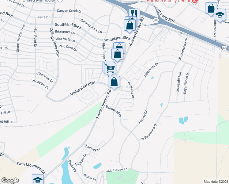map of restaurants, bars, coffee shops, grocery stores, and more near 5201 Knickerbocker Road in San Angelo