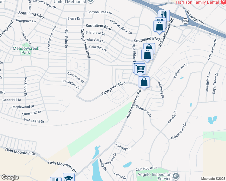 map of restaurants, bars, coffee shops, grocery stores, and more near 45 Southridge Drive in San Angelo