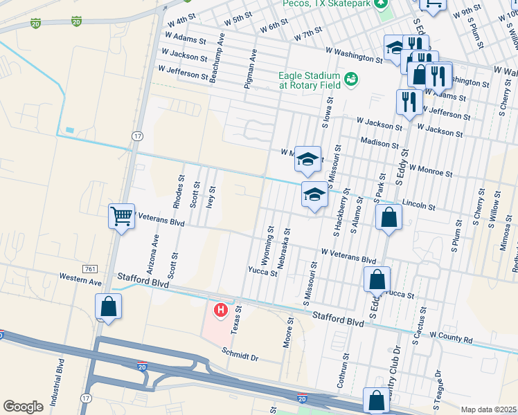 map of restaurants, bars, coffee shops, grocery stores, and more near Texas Street in Pecos