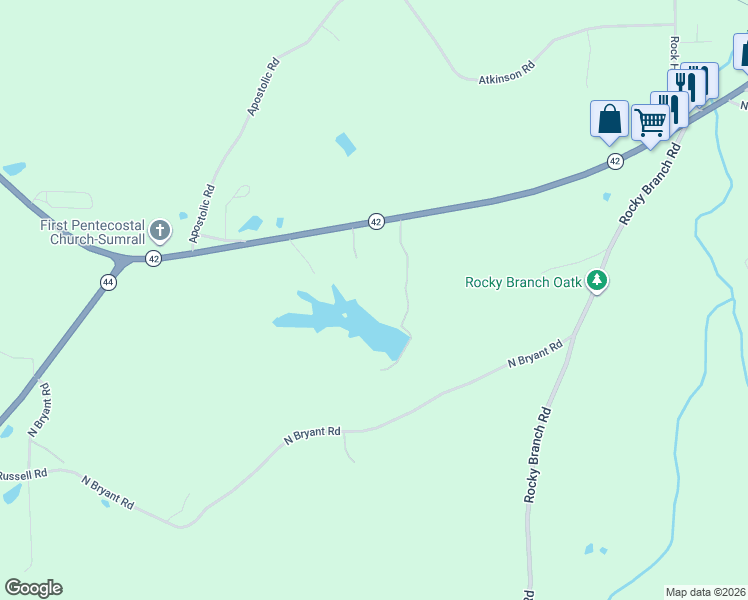 map of restaurants, bars, coffee shops, grocery stores, and more near 16 Placid Drive in Sumrall