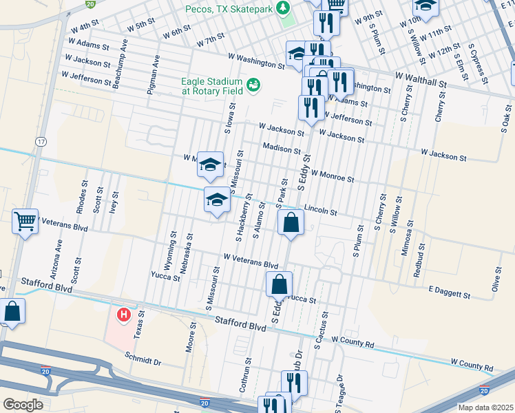 map of restaurants, bars, coffee shops, grocery stores, and more near West Normandy Street in Pecos