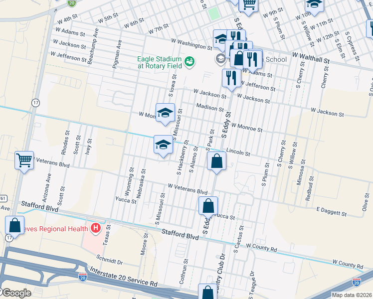 map of restaurants, bars, coffee shops, grocery stores, and more near West Normandy Street in Pecos