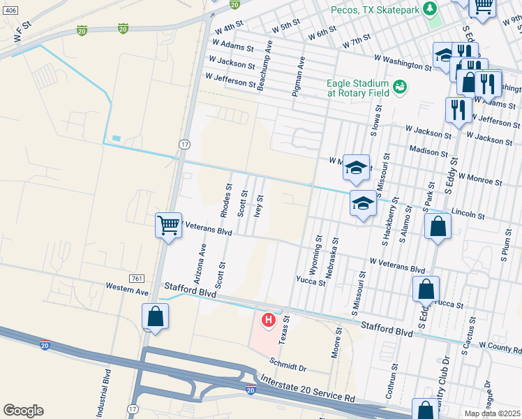 map of restaurants, bars, coffee shops, grocery stores, and more near 2001-2099 Ivey Street in Pecos
