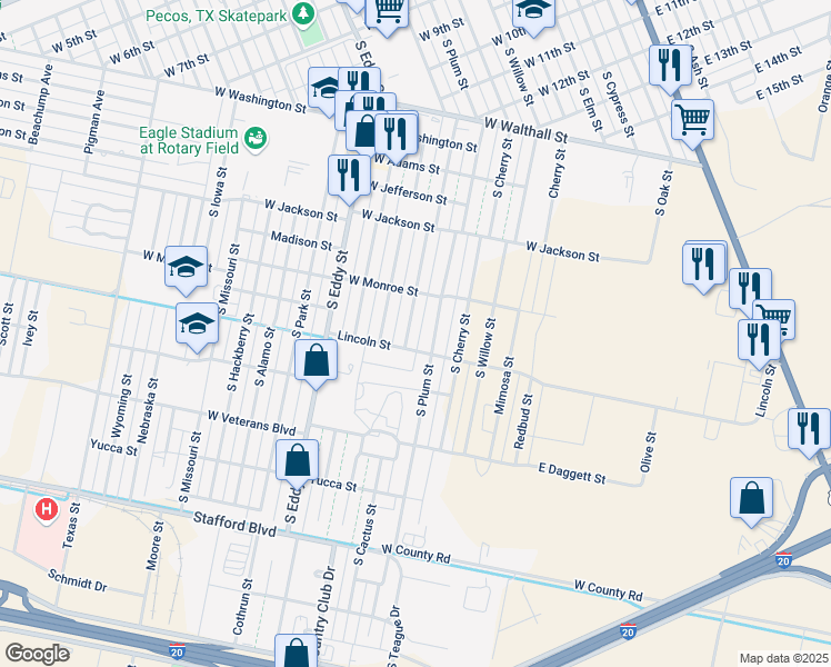 map of restaurants, bars, coffee shops, grocery stores, and more near 600-698 Lincoln Street in Pecos