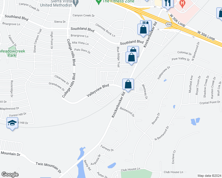map of restaurants, bars, coffee shops, grocery stores, and more near 30-48 Southridge Drive in San Angelo