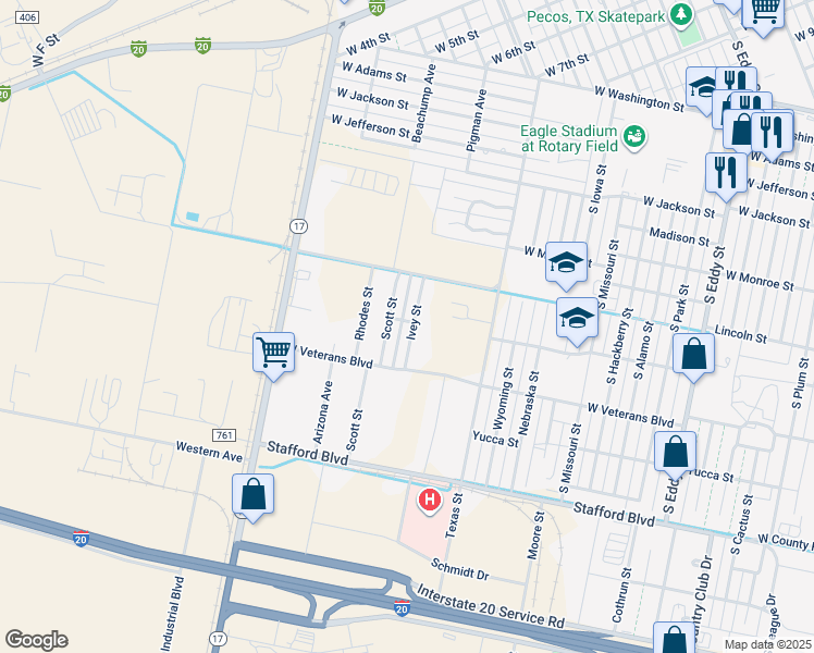 map of restaurants, bars, coffee shops, grocery stores, and more near 2001 Ivey Street in Pecos