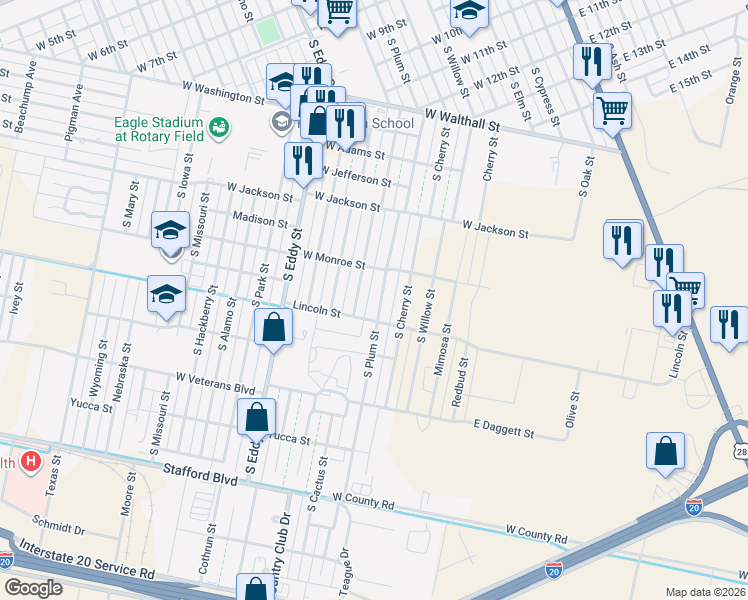 map of restaurants, bars, coffee shops, grocery stores, and more near 1600-1698 South Plum Street in Pecos