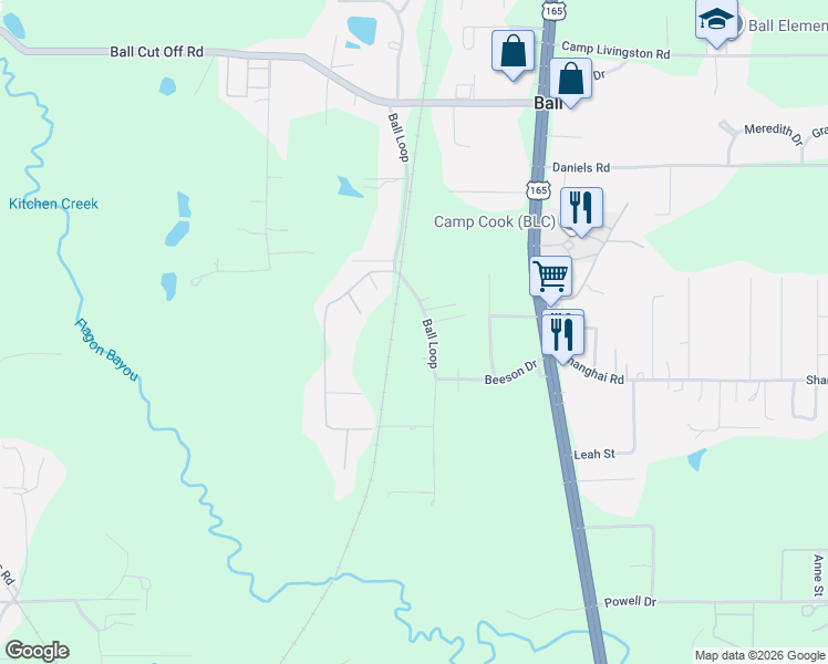 map of restaurants, bars, coffee shops, grocery stores, and more near 5923 Ball Loop in Ball