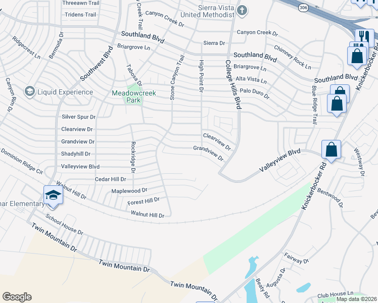 map of restaurants, bars, coffee shops, grocery stores, and more near 3113 Grandview Drive in San Angelo
