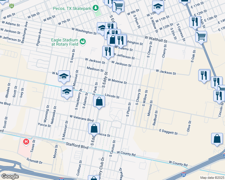 map of restaurants, bars, coffee shops, grocery stores, and more near 1606 South Johnson Street in Pecos