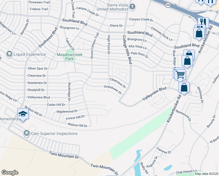 map of restaurants, bars, coffee shops, grocery stores, and more near 3110 Grandview Drive in San Angelo