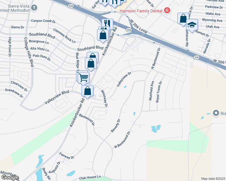 map of restaurants, bars, coffee shops, grocery stores, and more near 2126 Valleyview Drive in San Angelo
