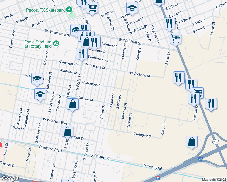 map of restaurants, bars, coffee shops, grocery stores, and more near 1546 South Plum Street in Pecos