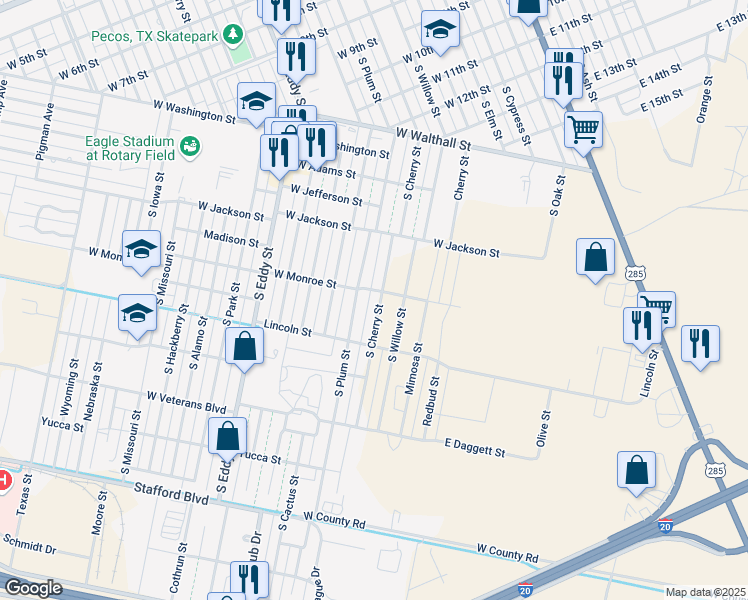 map of restaurants, bars, coffee shops, grocery stores, and more near 1600-1698 South Plum Street in Pecos