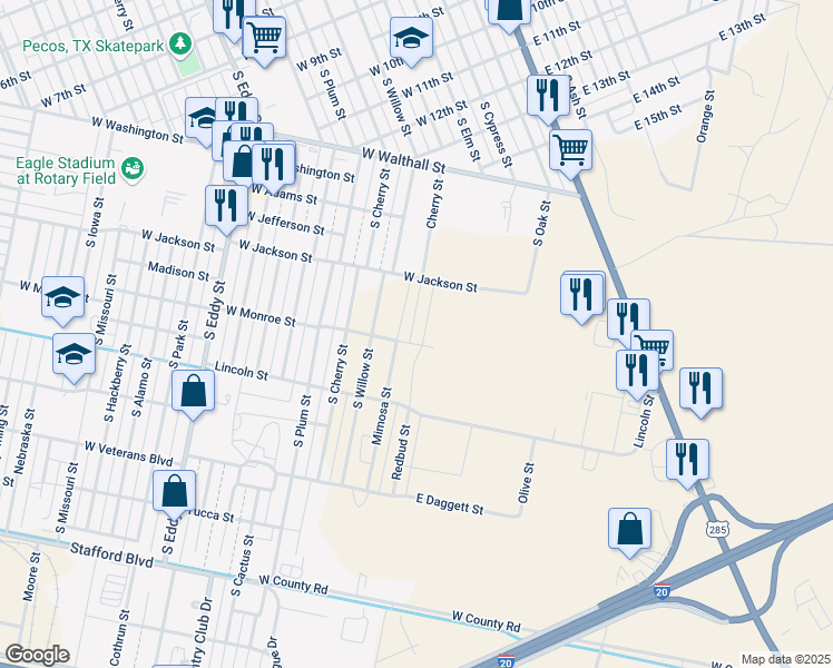 map of restaurants, bars, coffee shops, grocery stores, and more near West Monroe Street in Pecos