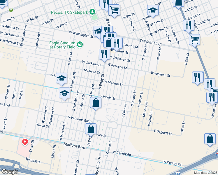 map of restaurants, bars, coffee shops, grocery stores, and more near 1606 South Johnson Street in Pecos