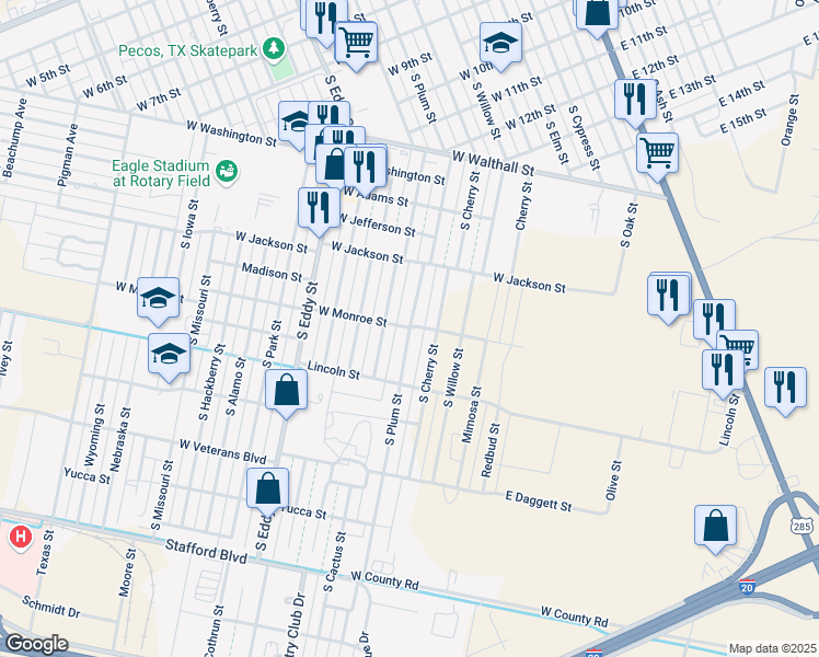 map of restaurants, bars, coffee shops, grocery stores, and more near 1600 South Plum Street in Pecos