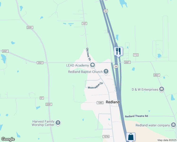map of restaurants, bars, coffee shops, grocery stores, and more near 1121 Winston 8 Ranch Road in Lufkin