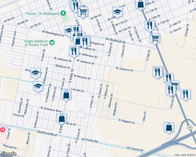 map of restaurants, bars, coffee shops, grocery stores, and more near 1546 South Plum Street in Pecos
