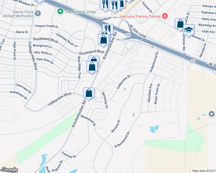 map of restaurants, bars, coffee shops, grocery stores, and more near 2126 Valleyview Drive in San Angelo