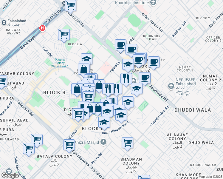 map of restaurants, bars, coffee shops, grocery stores, and more near Chen One Road in Faisalabad