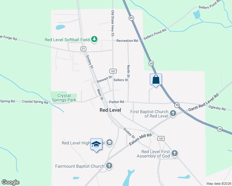 map of restaurants, bars, coffee shops, grocery stores, and more near Co Road 107 in Red Level