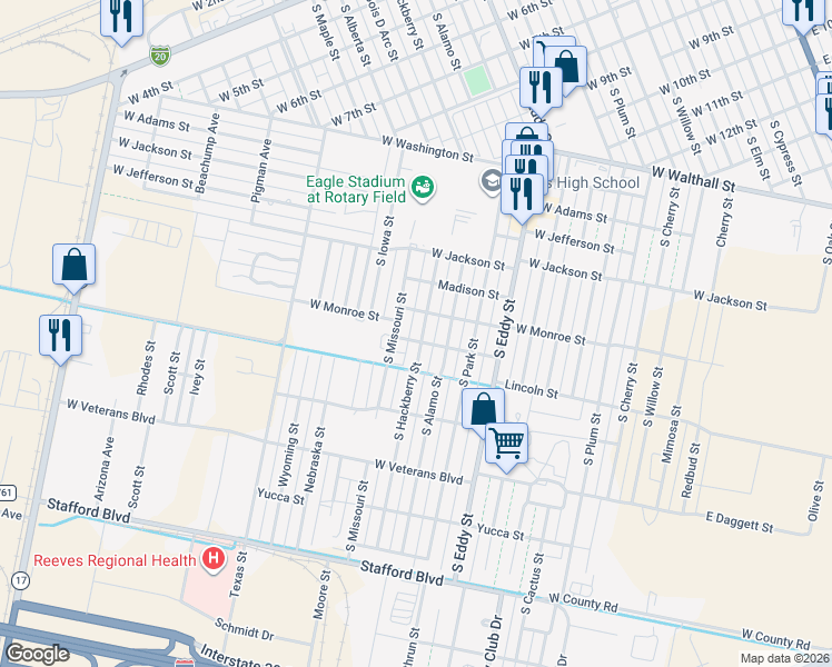 map of restaurants, bars, coffee shops, grocery stores, and more near West Monroe Street in Pecos