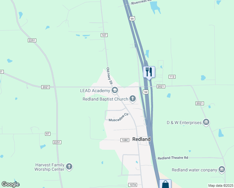map of restaurants, bars, coffee shops, grocery stores, and more near 1121 Winston 8 Ranch Road in Lufkin