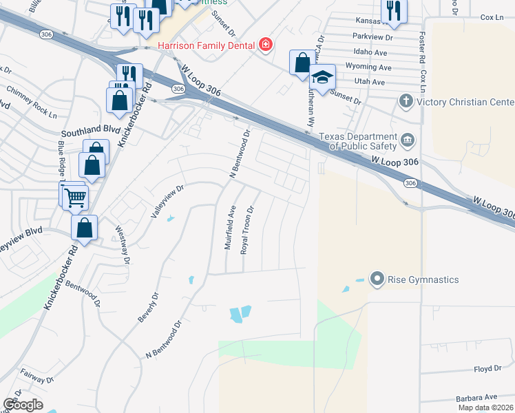 map of restaurants, bars, coffee shops, grocery stores, and more near 4702 Royal Troon Drive in San Angelo