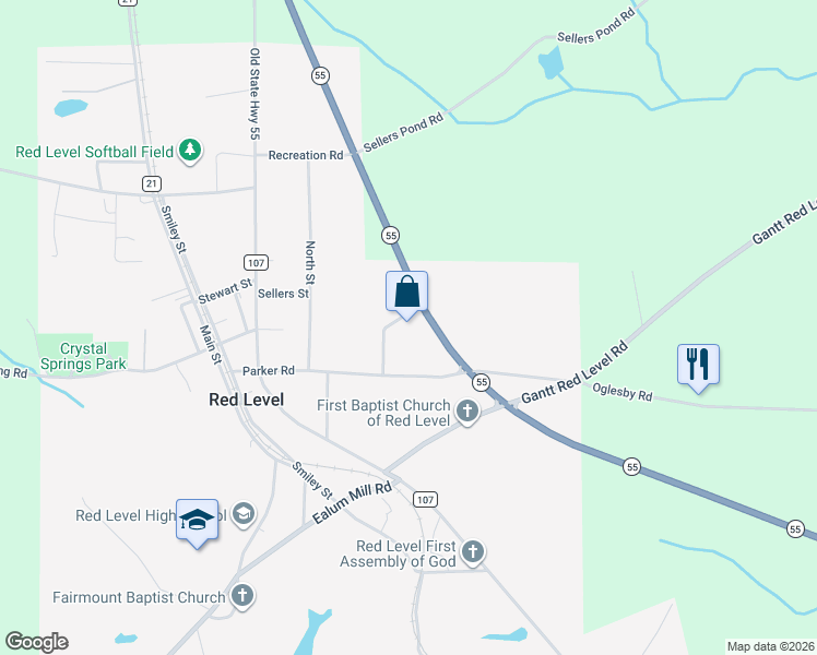 map of restaurants, bars, coffee shops, grocery stores, and more near 35747 Alabama 55 in Red Level