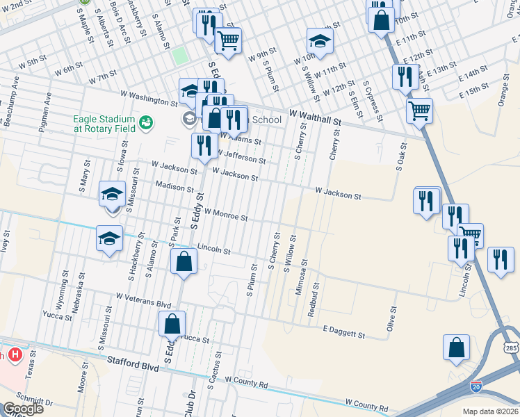 map of restaurants, bars, coffee shops, grocery stores, and more near 1501-1599 South Plum Street in Pecos