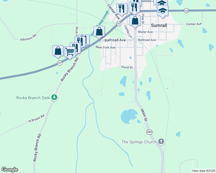 map of restaurants, bars, coffee shops, grocery stores, and more near 62 Church Street in Sumrall
