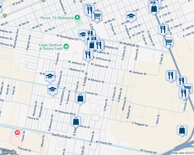 map of restaurants, bars, coffee shops, grocery stores, and more near 1516 Morris Street in Pecos