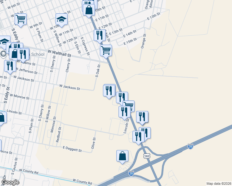 map of restaurants, bars, coffee shops, grocery stores, and more near 1901 South Cedar Street in Pecos