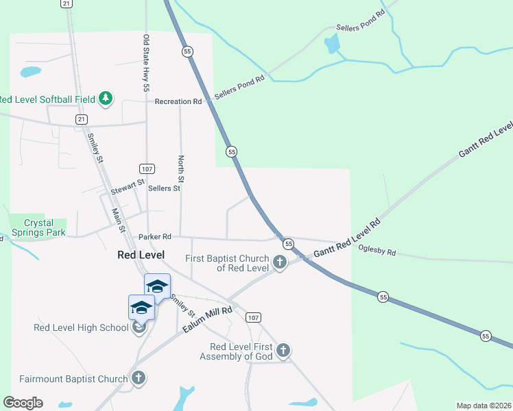 map of restaurants, bars, coffee shops, grocery stores, and more near 35747 Alabama 55 in Red Level