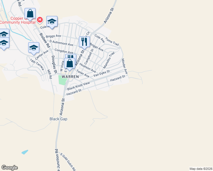 map of restaurants, bars, coffee shops, grocery stores, and more near 216 Hazzard Street in Bisbee