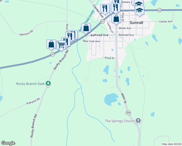 map of restaurants, bars, coffee shops, grocery stores, and more near 62 Church Street in Sumrall
