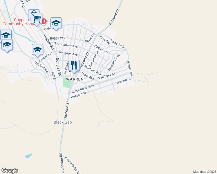 map of restaurants, bars, coffee shops, grocery stores, and more near 216 Hazzard Street in Bisbee